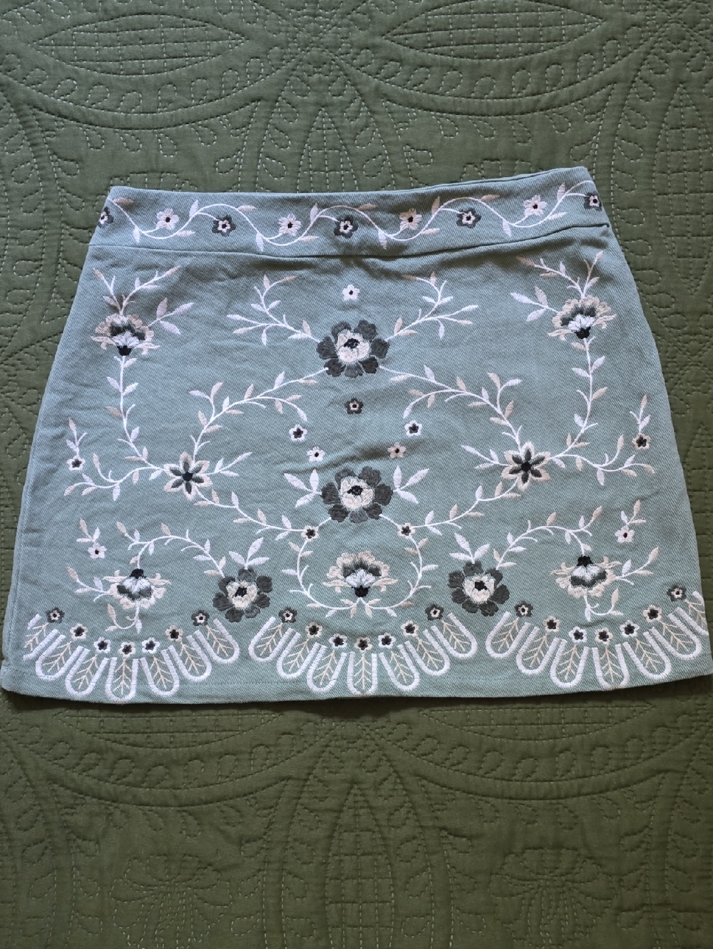 Francesca's Collections Sage Green Embroidered Floral Mini Skirt
